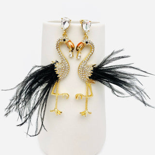 Flamingo Earrings with Feathers and Rhinestones
