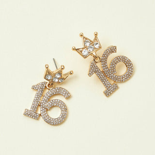 Birthday Celebration Rhinestone Number Earrings with Crown Topper