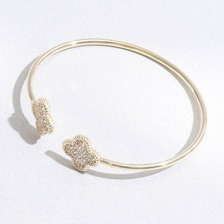 Gold Tone Wire Bracelet with CZ Clover Ends – One Size