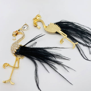 Flamingo Earrings with Feathers and Rhinestones