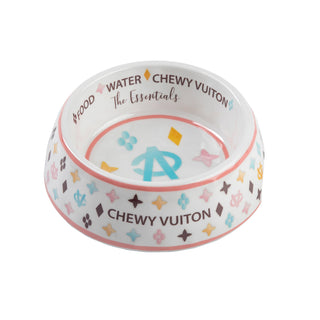 White Chewy Vuiton Dog Bowl | Designer Non-Slip Pet Food Bowl