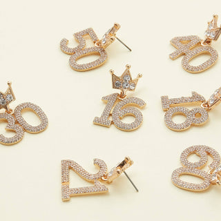 Birthday Celebration Rhinestone Number Earrings with Crown Topper
