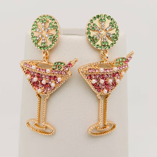 Martini Glass Lemon Slice Rhinestone Earrings | Colorful Cocktail Jewelry