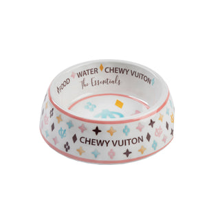 White Chewy Vuiton Dog Bowl | Designer Non-Slip Pet Food Bowl