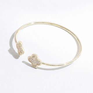 Gold Tone Wire Bracelet with CZ Clover Ends – One Size