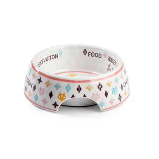 White Chewy Vuiton Dog Bowl | Designer Non-Slip Pet Food Bowl