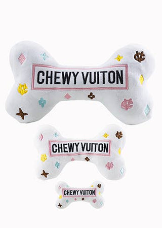 White Chewy Vuiton Dog Bone Toy | Plush Squeaky Designer Dog Toy