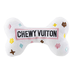 White Chewy Vuiton Dog Bone Toy | Plush Squeaky Designer Dog Toy