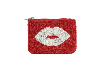 Ladies Red Fully Beaded Lips Theme Coin Purse Pouch