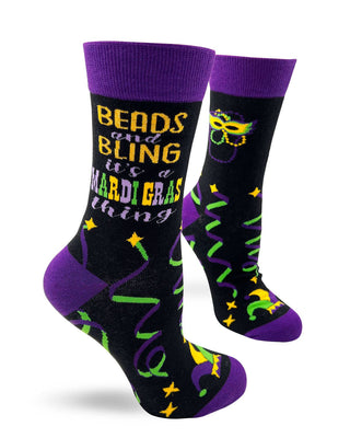 Funny Mardi Gras Socks for Women – Beads Bling Cotton Crew Socks 5-10