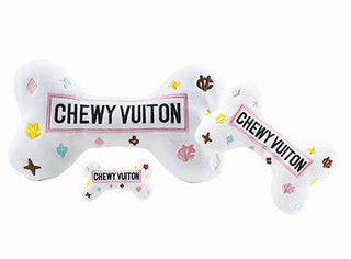 White Chewy Vuiton Dog Bone Toy | Plush Squeaky Designer Dog Toy