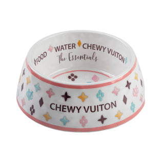 White Chewy Vuiton Dog Bowl | Designer Non-Slip Pet Food Bowl
