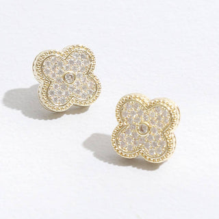 Gold Tone Outline CZ Pave Clover Post Earrings