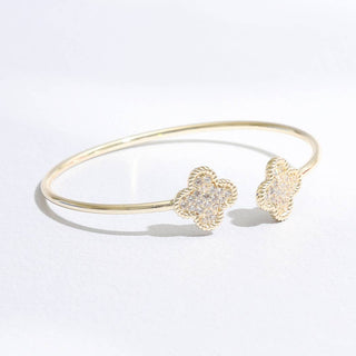 Gold Tone Wire Bracelet with CZ Clover Ends – One Size