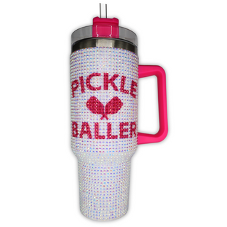 Pickleball Tumbler 40oz Rhinestone Cup with Handle – Gift for Women