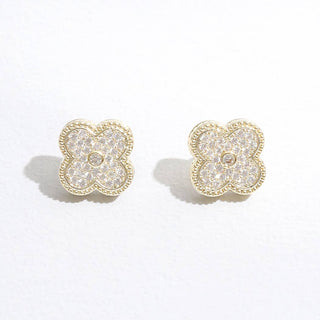 Gold Tone Outline CZ Pave Clover Post Earrings