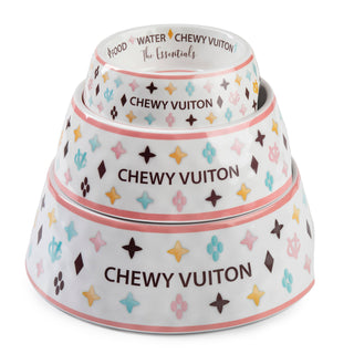 White Chewy Vuiton Dog Bowl | Designer Non-Slip Pet Food Bowl