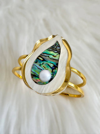 Gold Cuff Bracelet with Abalone Shell, Pearl Accent & Teardrop Design