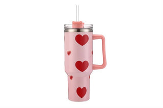 Pink 40 oz Tumbler Cup with Red Hearts – Insulated with Handle & Straw