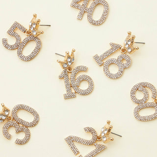Birthday Celebration Rhinestone Number Earrings with Crown Topper