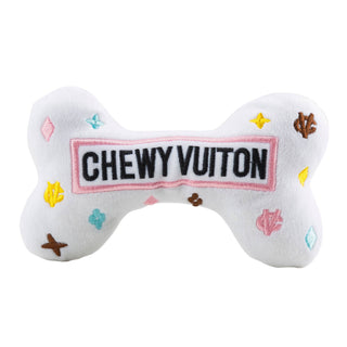 White Chewy Vuiton Dog Bone Toy | Plush Squeaky Designer Dog Toy
