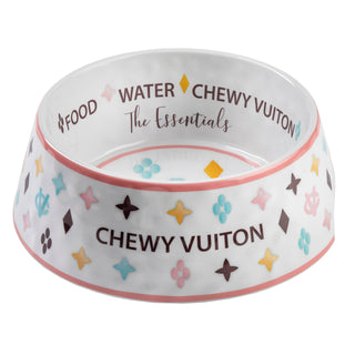 White Chewy Vuiton Dog Bowl | Designer Non-Slip Pet Food Bowl