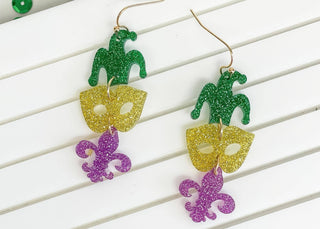 Mardi Gras Mask Glitter Trio Dangle Earrings