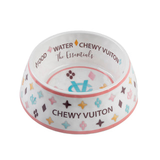 White Chewy Vuiton Dog Bowl | Designer Non-Slip Pet Food Bowl